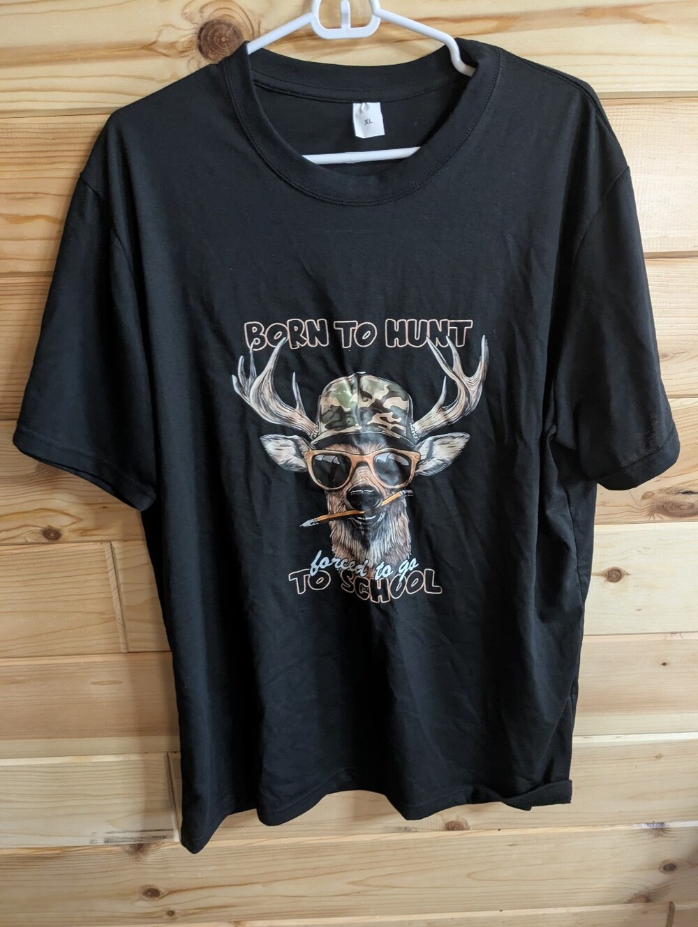 Men's XL black graphic tee with "Born to Hunt" Deer/School Design